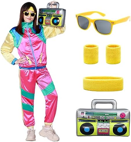 PWQMGY Traje retro de los años 80 y 90 para hombre, 8 piezas, disfraz vintage de Halloween de los 80 para hombre, conjunto deportivo con accesorios de hip-hop, Negro, S