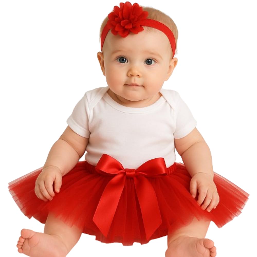 Baby Girl Tutu Outfit Red with Headband Baby Valentine– Infant Toddler Tulle Skirt Dress Up Set for Birthday, Cake Smash, Christmas, Newborn Photo Shoot Shower (Red)