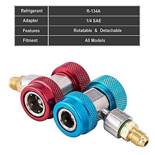 OZMI Adjustable AC R134A Quick Coupler Connector Adapter Fitting High Low 1/4inch SAE HVAC Freon Manifold Gauge Hose Connector Kit