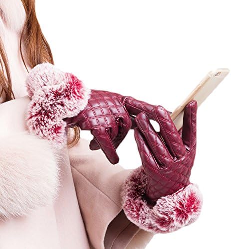T Wilker Women's Touchscreen Texting Driving Gloves Winter Warm Outdoor Glamour Gloves Sensitive Touch Leather Gloves with Fur Cuff (Red)