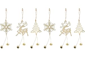 LOGOFUN 6 Pcs Christmas Tree Hanging Ornament Metal Christmas Tree Snowflake Deer Bells Hanging Pendants Xmas Party Decoration