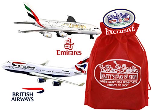 Daron Emirates A380 & British Airways A380 Die-cast Planes Gift Set Bundle with Bonus Matty's Toy Stop Storage Bag - 2 Pack