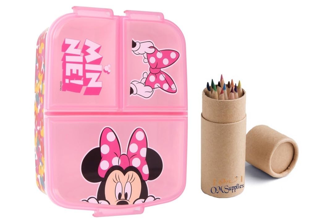 Minnie Reusable Sandwich Lunch Box 3 Multi Compartment Kids Children School Includes Half Size 12pcs Pencil Set (Minnie 1) — image 1