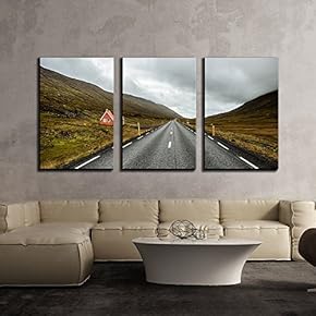 3 Piece Canvas Wall Art - Long Road in The Hills Area with a Red Hut - Modern Home Art Stretched and Framed Ready to Hang - 16"x24"x3 Panels