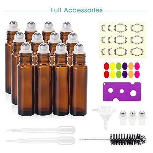 12, 10ml Roller Bottles for Essential Oils - Amber, Glass with Stainless Steel Roller Balls by Mavogel (3 Extra Roller Balls, 30 Pieces Labels, Opener, Funnel, Dropper, Brush Included)