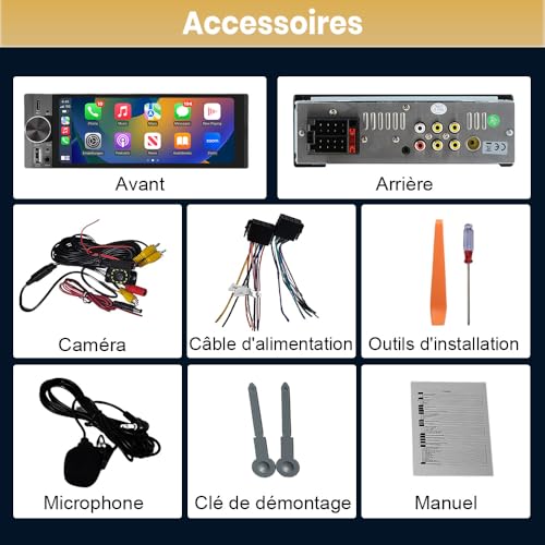 Junsun Autoradio 1 DIN Écran Tactile 6,36" avec CarPlay & Android Auto, Bluetooth, GPS, FM, Charge Type-C, 2 USB, Microphone, Égaliseur, Commandes au Volant