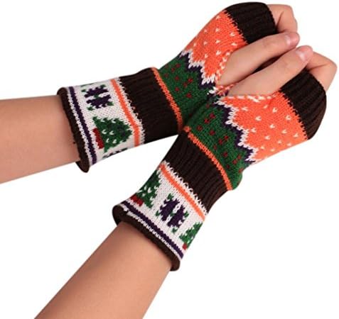 TAORE Christmas Knitted Fingerless Soft Gloves Arm Warmer Thumb Hole Mittens, 20/7.87" (Coffee)