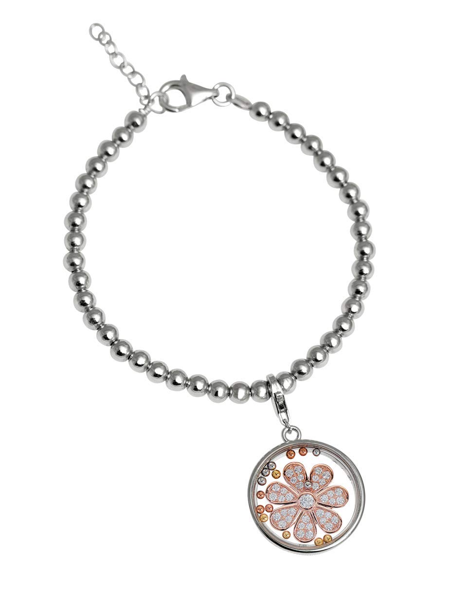Osa Jewels Bone Les Folies Metal Base Il Fiore. Bracelet with Pendant in Rhodium-Plated Silver 925 Tempered Glass, Cubic Zirconia
