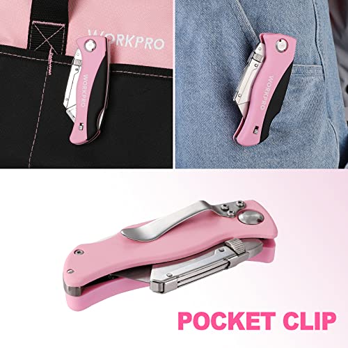WORKPRO Folding Utility Knife, Quick Change Box Cutter, Pink Razor Knife for Cartons, Cardboard, Boxes with Blade Storage Design, Extra 15 Blades Included