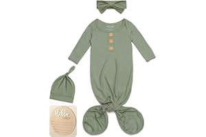 Baby Noah Newborn Knotted Gown, Ultra-Soft Silky Long Sleeve Sleeper, Unisex Coming Home Outfit Set With Wooden Name Sign