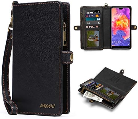 Multifunctional Wallet for Huawei P20 Pro, MEGSHI Zipper Wallet Case, Handbag with Detachable Magnetic Back Cover, Leather Case with Credit Card Slot (Black)