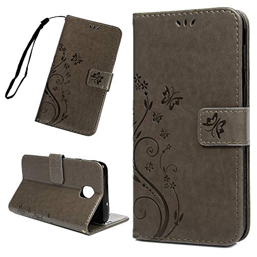 Galaxy J7 2018 Case,Galaxy J7 Refine Case, PU Leather Embossed Floral Butterfly Wallet Purse Credit Card Holders Magnetic Flip TPU Soft Bumper Slim Protective Cover Samsung Galaxy J8, Gray