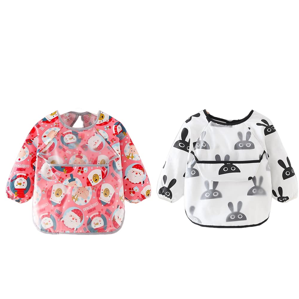 FEIFEI'S BOW 2pcs Baby Kid Waterproof Long Sleeve bib animals dinosaurs Infant Toddler Weaning Feeding Bibs Apron 6 Months to 3 Years Old (Set 02)