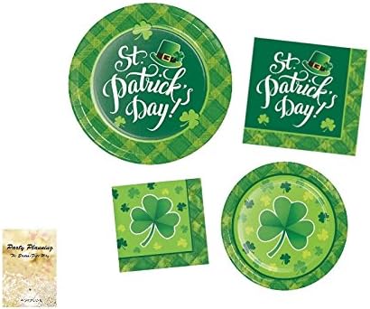 St. Patrick’s Day Party Supply Pack! - Shamrock Plaid Design - Disposable Paper Dinnerware - 16 Guests - Includes Dinner Plates, Dessert Plates and Napkins