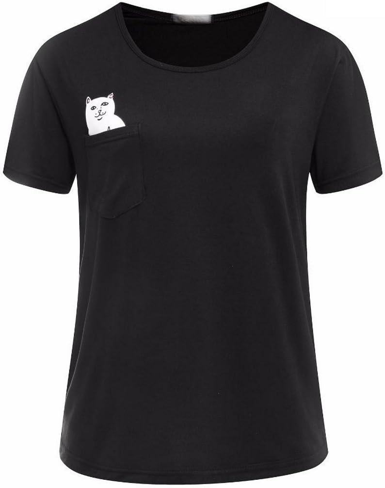 © Ladies Funny Pocket Cartoon Cat T Shirt Summer Short Sleeve Casual Top Harajuku Autumn White Black Grey Middle Finger UK