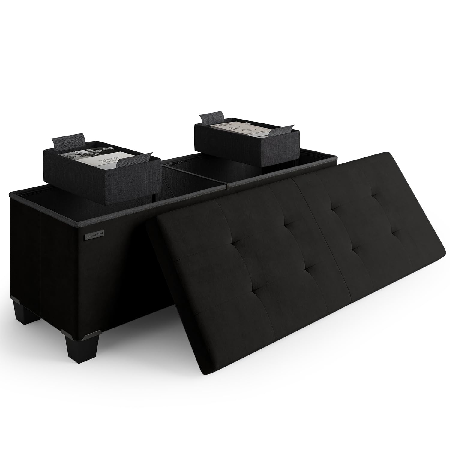 Storage Ottoman Bench with Bins, 43-in Storage Bench for Bedroom End of Bed, Folding Foot Rest Ottoman for Living Room Max 660lbs, Velvet Ottomans, Black