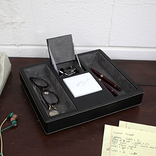 Valet Tray Leather, Desk Nightstand Dresser Organizer Cell Phone Glasses Coins Wood Constructed - Thumbnail 2