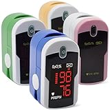 Pulse Oximeter Fingertip Blood Oxygen Saturation Monitor includes case, batteries, silicon cover, and lanyard - Green, Pink, Blue and Yellow