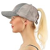 COCO LEE Trend Glitter Gray Baseball Cap for High Ponytail Women’s Messy Bun Glitter Trucker Baseball Cap Special Gift for Women Girl