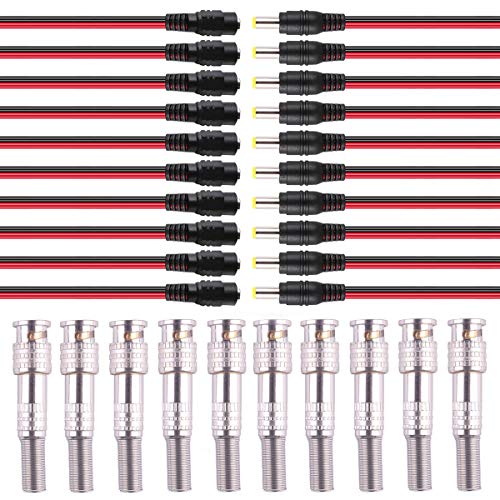 10 Pairs DC Power Pigtail Cable 18AWG 5.5 x 2.1mm Male Female Connctors and 10 Pack BNC Male Coaxial Adapter for CCTV Home Security Surveillance Camera Transmission Systems by Crazepony