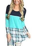 HOTAPEI Women's Shirts Long Sleeve Casual Plaid Loose Tunic Tops Blouse Blue Large