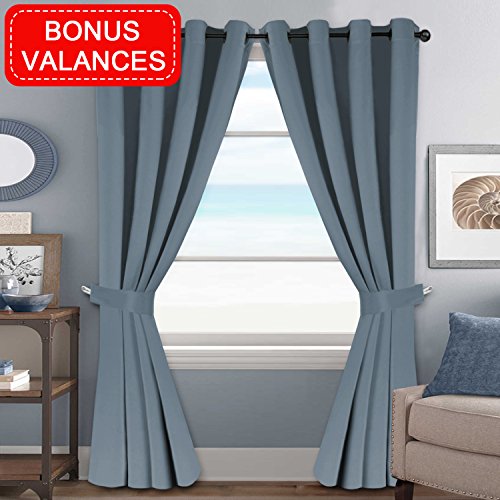H.VERSAILTEX Bedroom Curtains Blackout Panels Three Pass Microfiber Thermal Insulated Grommet Window Treatment Set Stone Blue (2 Panels of 52"W by 84"L, 2 Valances for Free)