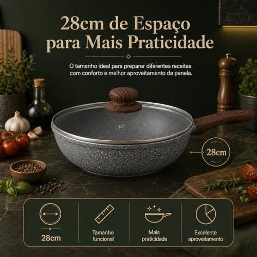 Frigideira Wok Antiaderente Revestimento Cerâmico 28cm 4,3 Litros Alumínio 2.3mm com Tampa Vidro Fundo indução, Cabo Baquelite Antitérmico (Granito)