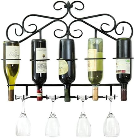 ProCore Products Metal Wine Rack Wall Mounted Holds 5 Bottle With Wine Glass Holders