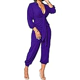 Xinlees Women's Elegant Jumpsuit Casual Long Sleeve Solid Straight Trousers Business Romper Stretchy Ankle Cuffs