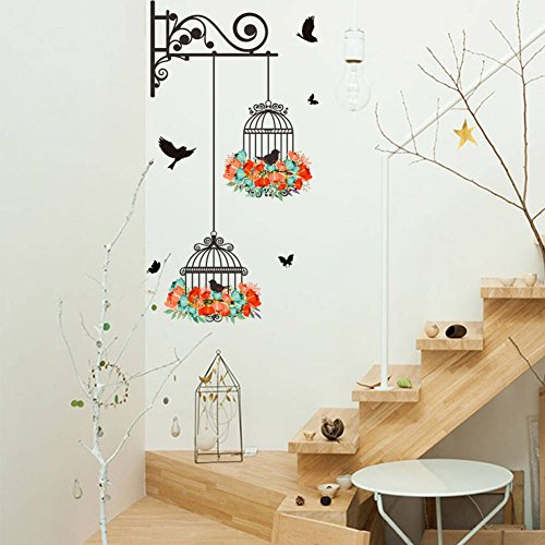 BIBITIME 2 Flower Wreath Birdcages with Black Birds Wall Decal Vinyl Butterfly Sticker for Office Window Living Room Porch Door Back Kitchen Bedroom DIY Art Mural