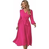 Plustrong Womens Wrap V Neck Flowy Maxi Dress Long Sleeve Pleated Cocktail Wedding Guest Dress