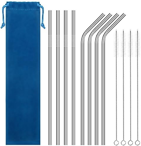 Stainless Steel Straws Reusable Straws Set of 8, Blingco Metal Drinking Straws with 4 Cleaning Brushes For 30oz 20oz Yeti Ozark Trail Rtic Tumblers FDA-Approved, 10.5 Inch Long