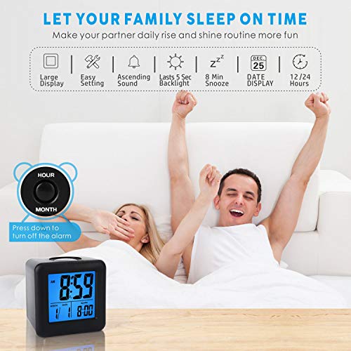Plumeet Easy Setting Digital Travel Alarm Clocks with Snooze, Blue Nightlight, Large Display Time/Date/Alarm, Ascending Sound Alarm, Batteries Powered (Black)
