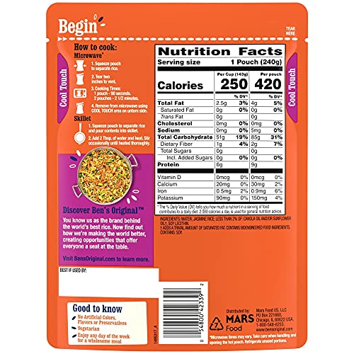 BEN’S ORIGINAL READY RICE JASMINE RICE, EASY DINNER SIDE, 8.5 OZ POUCH