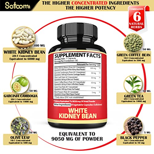 Pure White Kidney Bean Extract Capsules 6 Herbal Ingredients 9050 mg Equivalent Support Carb