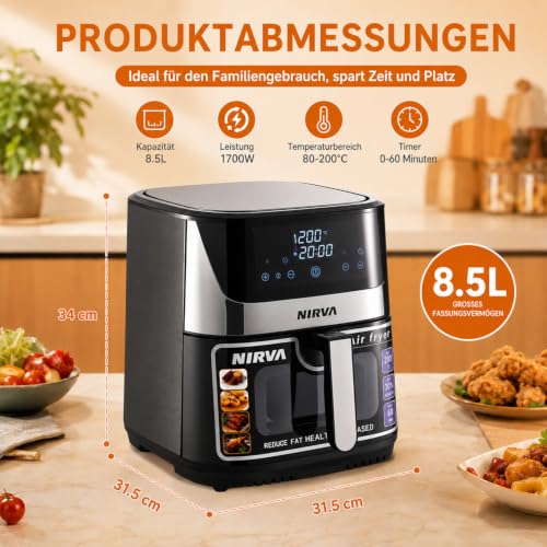 Nirva Hot Air Fryer 8.5 L, Oil-Free, 1700 W Large Airfryer, Roasting, Baking, Air Fry, Non-Stick Coating, Dishwasher Safe Basket, Viewing Window, Black/Stainless Steel, For Individuals or Families