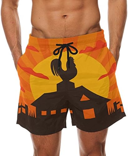 Merbar Men's Rooster On Farm Silhouette Beach Shorts Fashion Pockets Summer Swimming Trunks XL