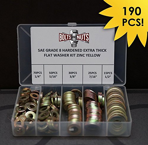 1/4" 5/16" 3/8" 7/16" 1/2" Grade 8 SAE Extra Thick Flat Washer Assortment Kit - 190 Pieces!