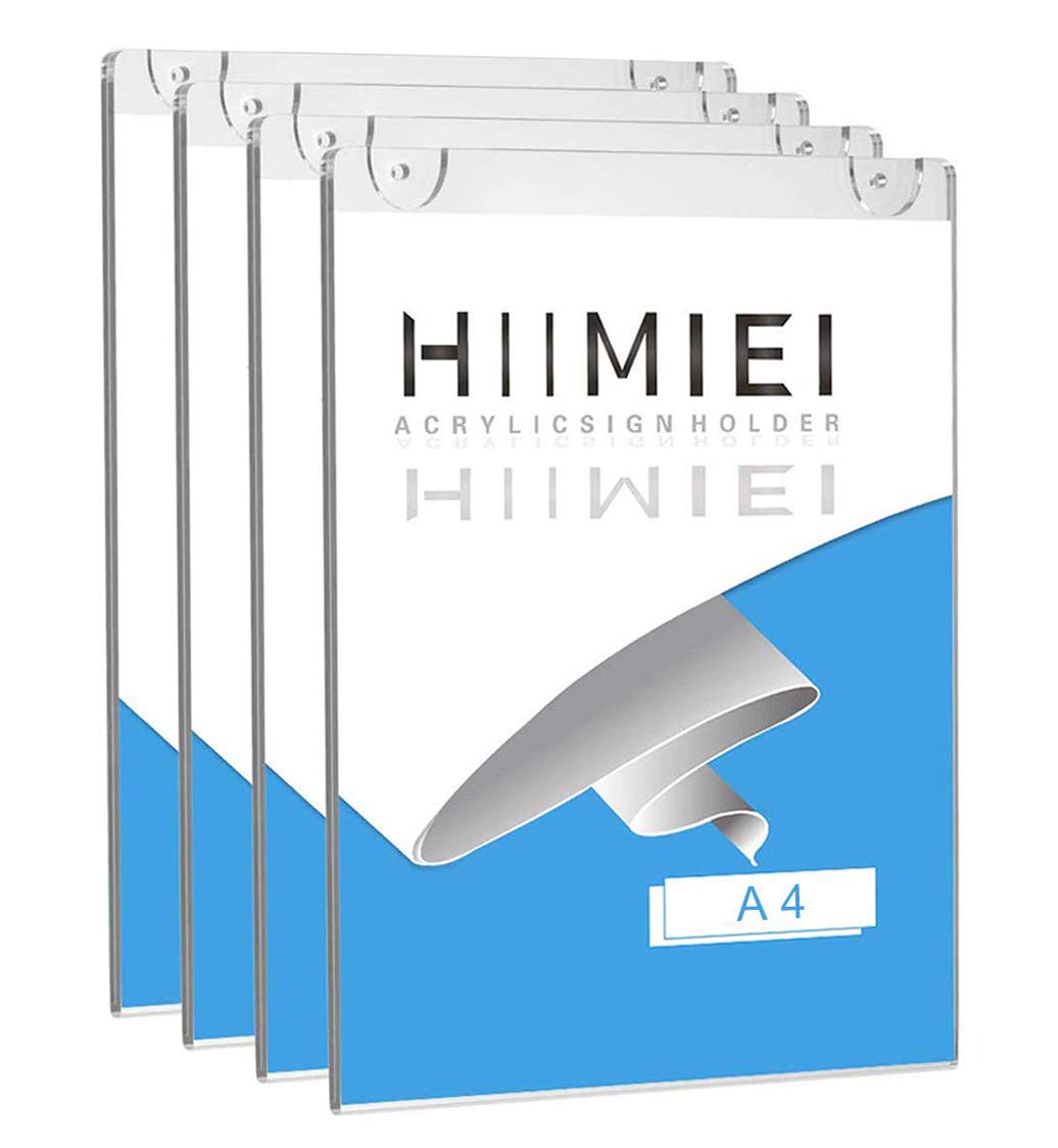 HIIMIEI 4 Pack Acrylic Wall Mount Sign Holder A4, Clear Ad Frames for Papers,Bonus with 3M Tape and Mounting Screws