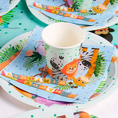 Safari Animal Birthday Party Supplies - Serves 16 - Plates, Napkins, Cups Tableware Kit, One Animal Print Tablecloth, Birthday Banner for Birthday Parties, Jungle Theme Party Supplies by QIFU