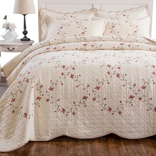 Floral Leaves 3D Embroidery Quilt Set Queen Beige