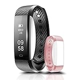 Coffea Fitness Tracker, C2 Activity Wristband : Bluetooth Wireless Smart Bracelet, Waterproof Pedometer Activity Tracker Watch with Replacement Band for IOS & Android Smartphone (Black+Pink strap)