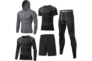 BUYJYA 5Pcs Men's Compression Pants Shirt Top Long Sleeve Jacket Athletic Sets Gym Clothing Mens Workout