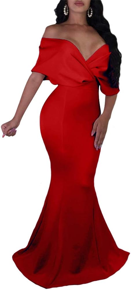 GOBLES Women Sexy V Neck Off The Shoulder Evening Gown Fishtail Maxi Dress at  Women’s Clothing store