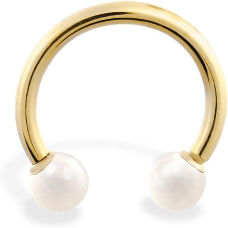 MsPiercing 14K Gold Horseshoe/Circular Barbell With White Imitation Pearl Balls