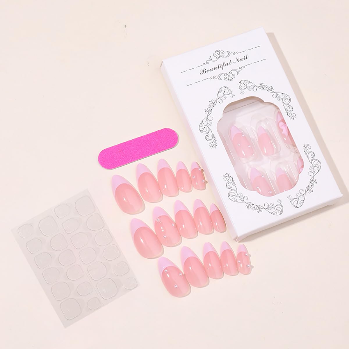 24Pcs French Tip Press on Nails Short Almond Fake Nails Pink Tip Full Cover Glue on Nails with Pearl Luxury Artificial Bow False Nails Cute Designs Stick on Nails for Women Acrylic Nails Decorations - Image 2