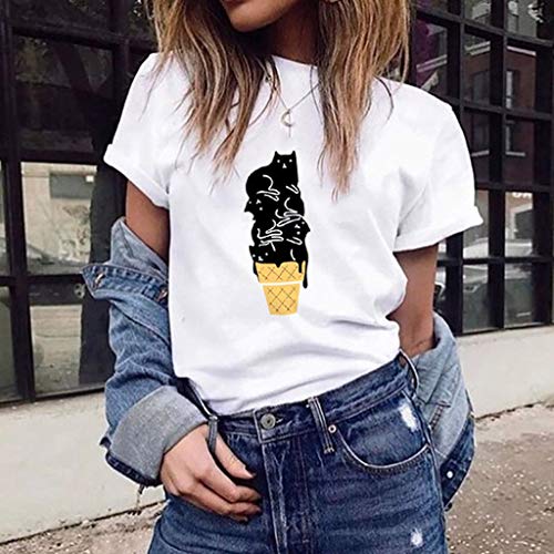 Women's Tops Miuye Summer Cute Cat Print Tops Short Sleeve T-Shirts Blouse Tunic Graphic tees Tanks (XXXL, White)
