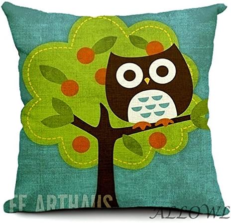 ALLOWL(TM) Cartoon Owl Stand On The Apple Tree Cotton Linen Square Decorative Throw Pillow Case For Sofa 18"X18"