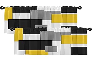 Emvency 2 Pack Valances Window Treatments Yellow and Black Geometry Abstract Modern Art Blackout Drapes Adjustable Curtain for Windows Living Room Kitchen Over Sink 18x52 Rod Pocket Valances