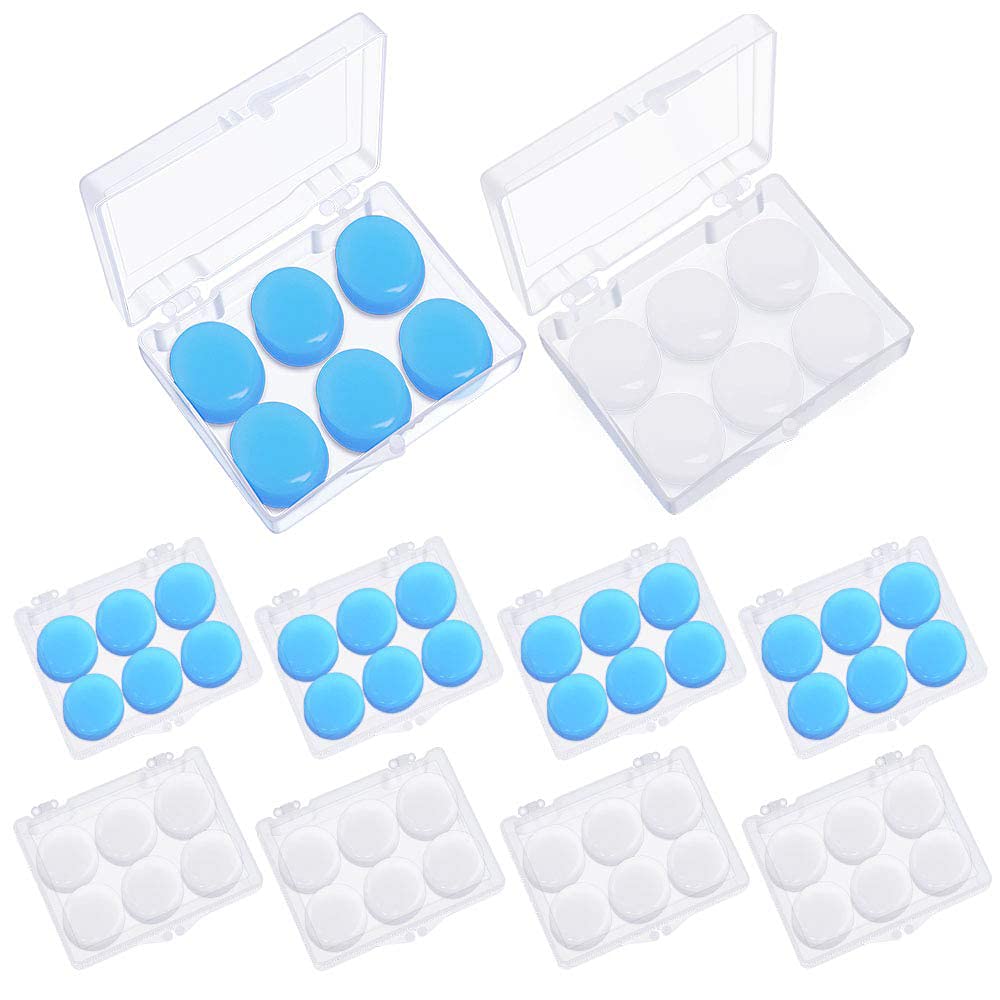 24 Pairs Silicone Ear Plugs for Sleeping, Noise Cancelling Earplugs, Soft Moldable Silicone Earplugs, Reusable Ear Plugs, for Swimming Studying Airplane Kids Adults, Transparent + Blue